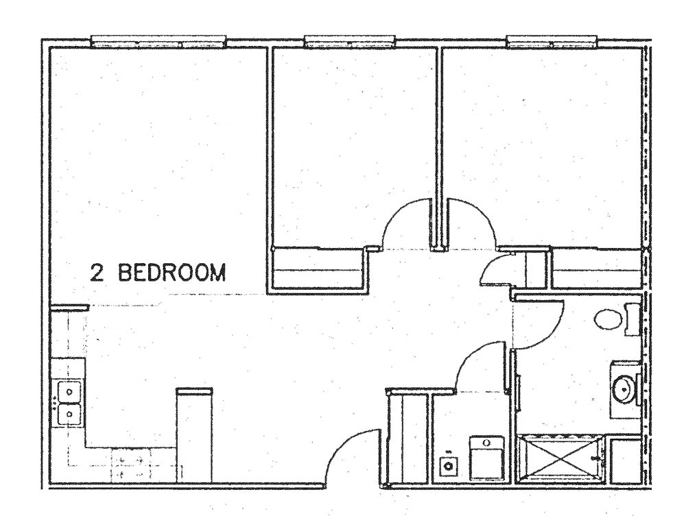 Floor plan for 2 beds, 1 bath, 837 sqft